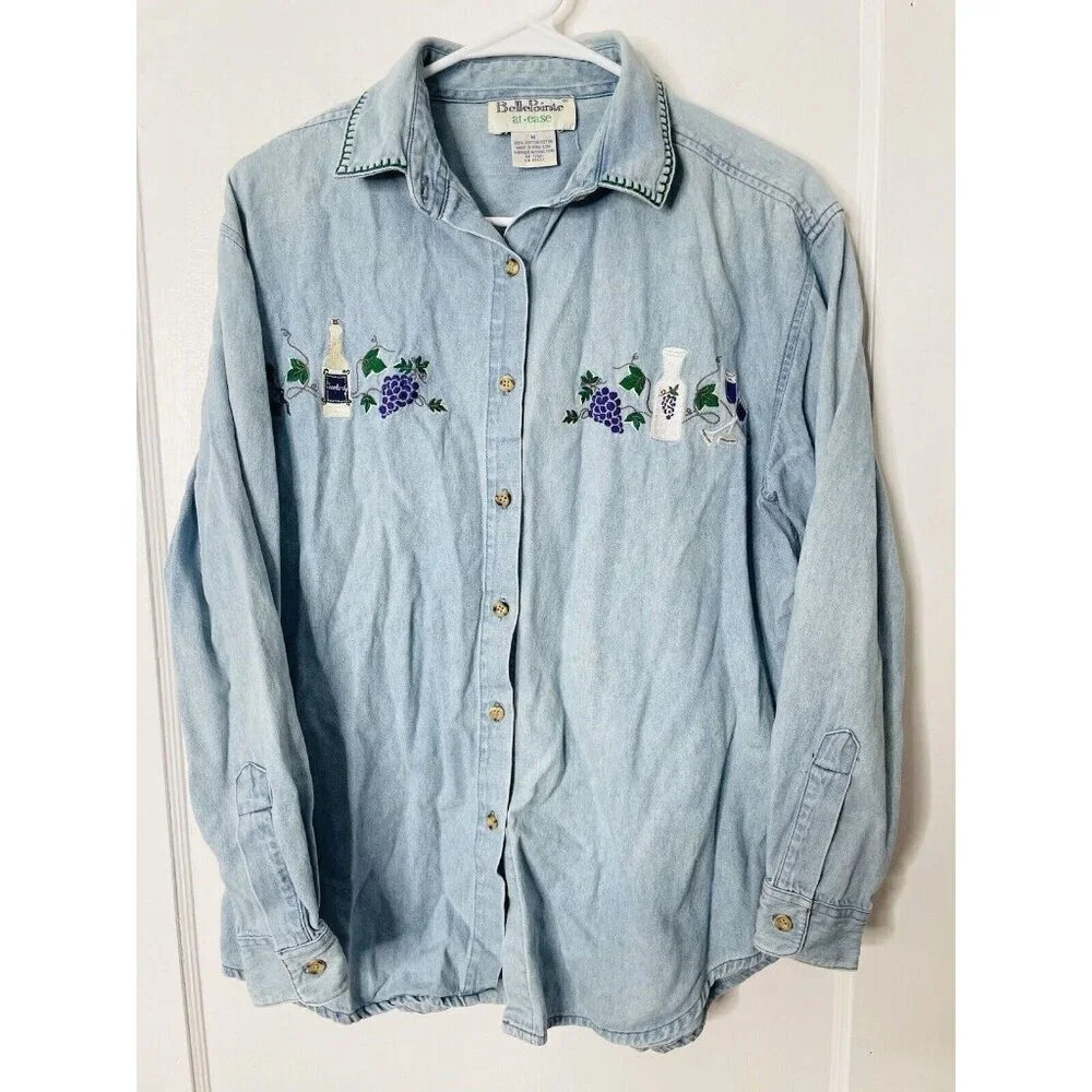 Vtg Bella Point At Ease Shirt Sz M Chambray 90s Style Embroidered Vineyard Wine